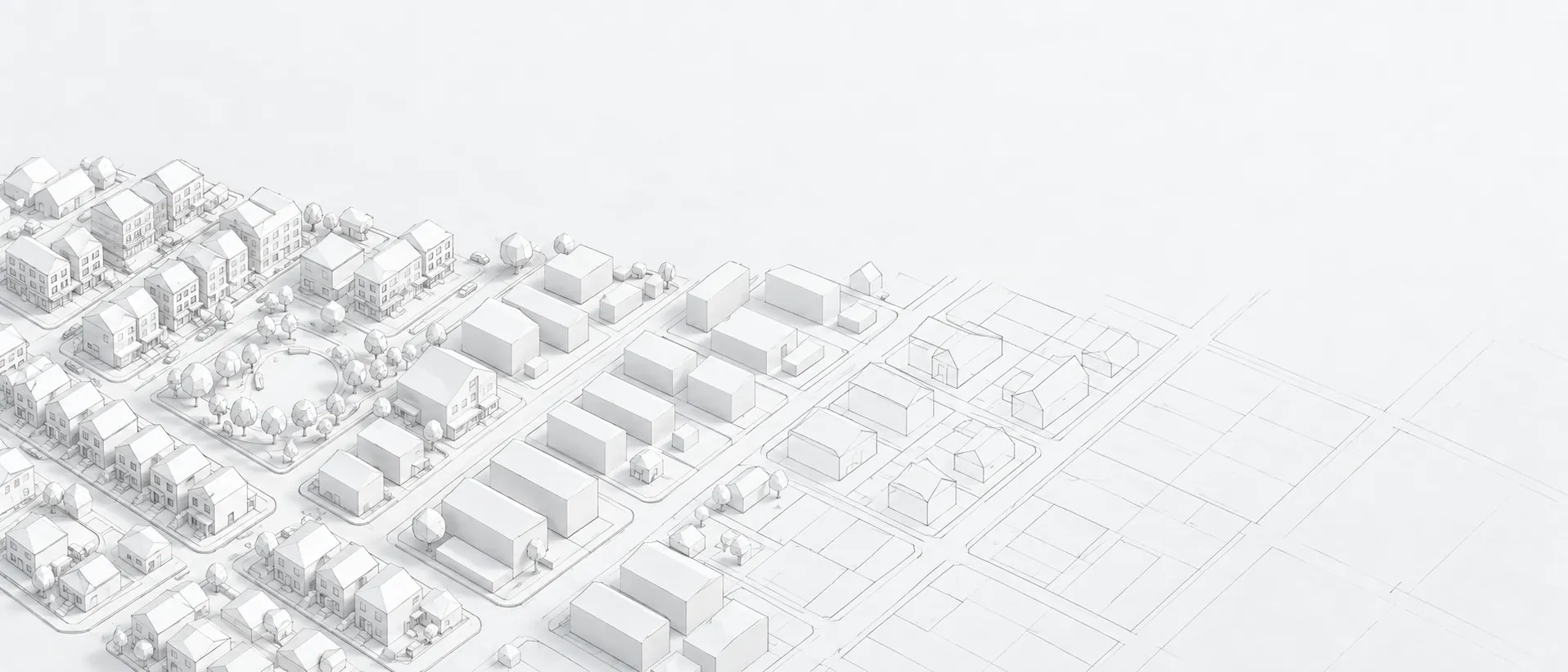 White architectural model of a neighborhood that is finished on the left and gradually becomes plain massing, then pencil outlines, then blank paper on the right.