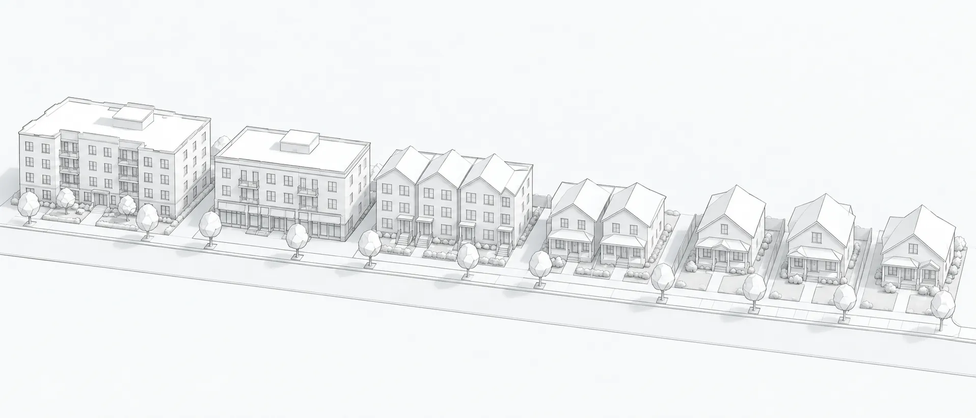 White architectural model of one continuous street lined, from left to right, with an apartment building, a mixed-use building, townhomes, duplex cottages, and single-family homes.