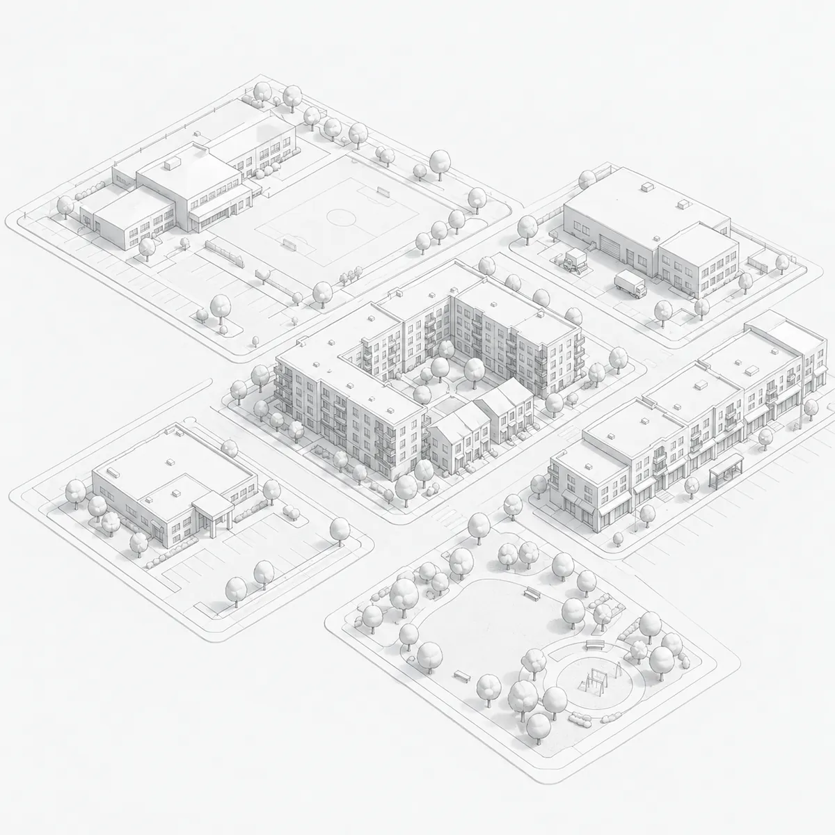 White architectural model of a small town district: an apartment courtyard and townhomes at the center, with a school, a clinic, a main street with a bus shelter, a workshop, and a park around it.